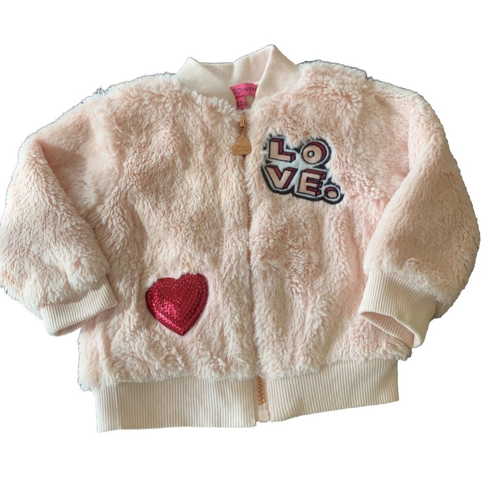 Betsey Johnson Kids Faux Fur Coat 18m Baby Pink Heart Princess Retro Designer